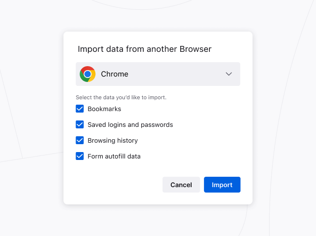 In maletg dal dialog da l'assistent d'importaziun da Firefox che mussa las opziuns per importar parameters e datas dad auters navigaturs.